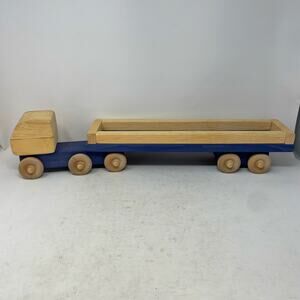 Handmade Blue & Natural Wood Semi Truck Tractor Trailer Flatbed Carrier